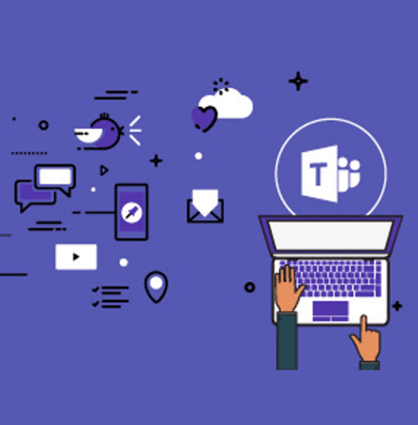 Graphic of Microsoft Teams on laptop along with many icons of messaging icons and phone icons