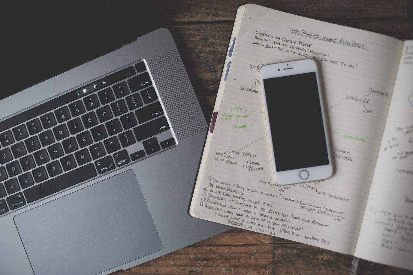 Phone on notebook next to laptop on desk 