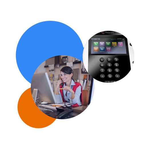 Graphic of a person on a laptop talking on phone and a closeup of an image of a deskphone