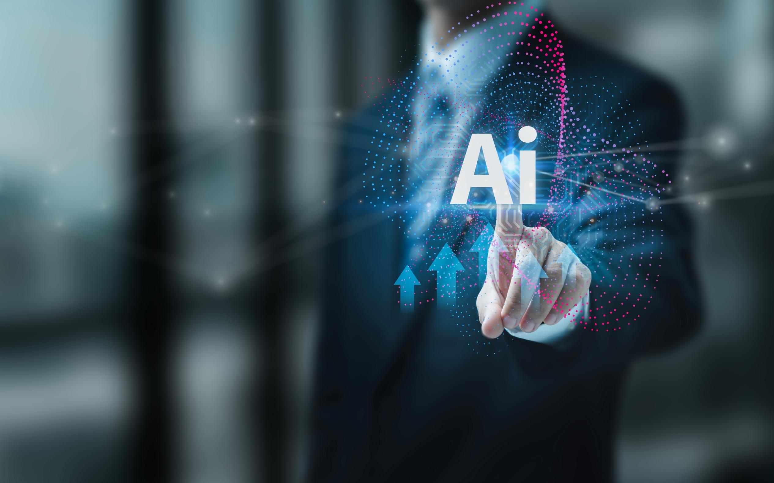 Business man in a suit and ties pressing an AI graphic image