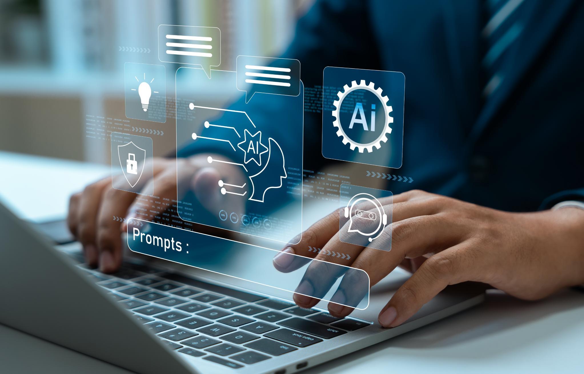 Person typing on a laptop with AI graphics over the image