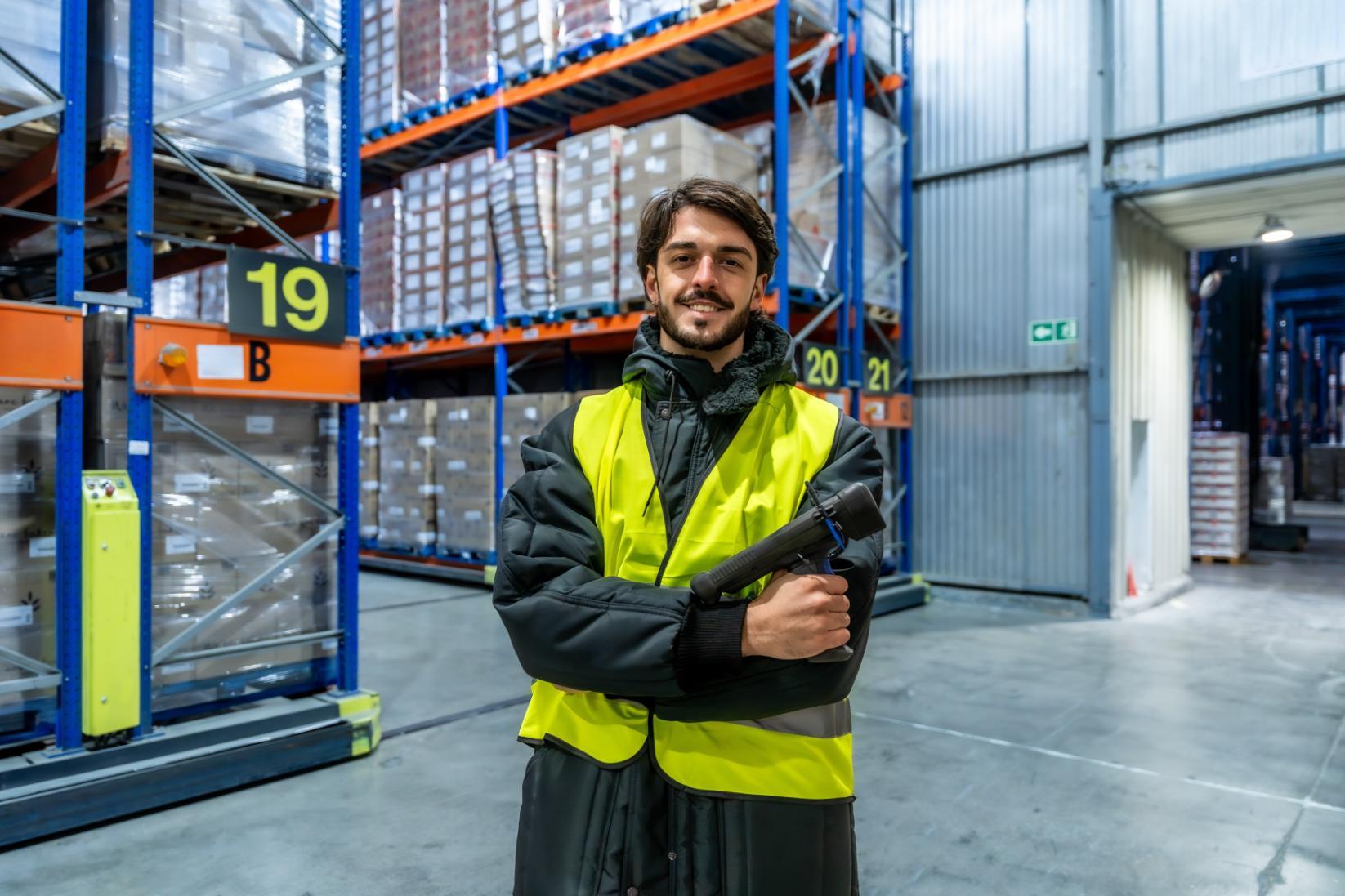 Image of supply chain worker in a warehouse in front of pallets. 