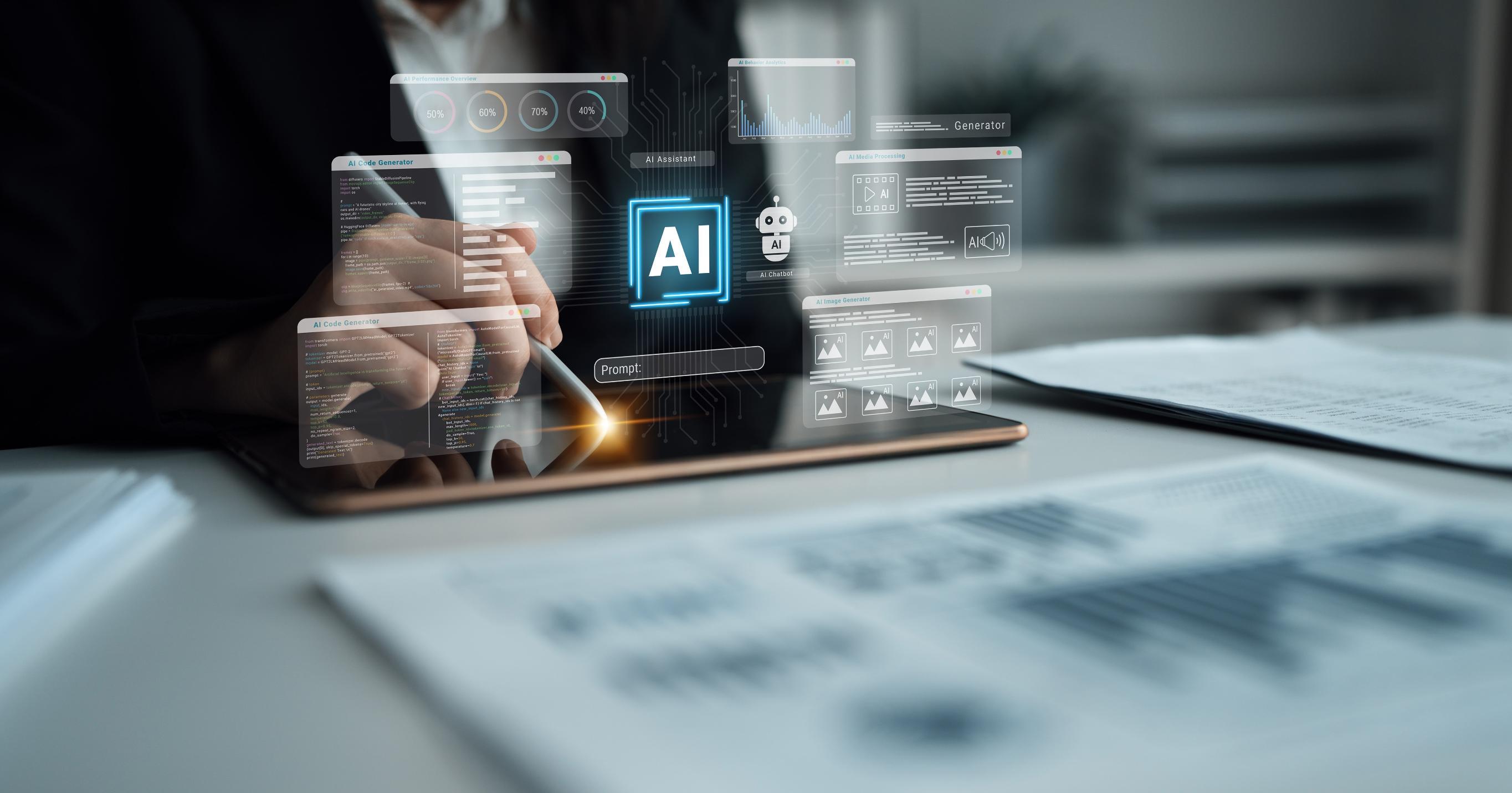 Person working on a laptop with AI graphic over the image